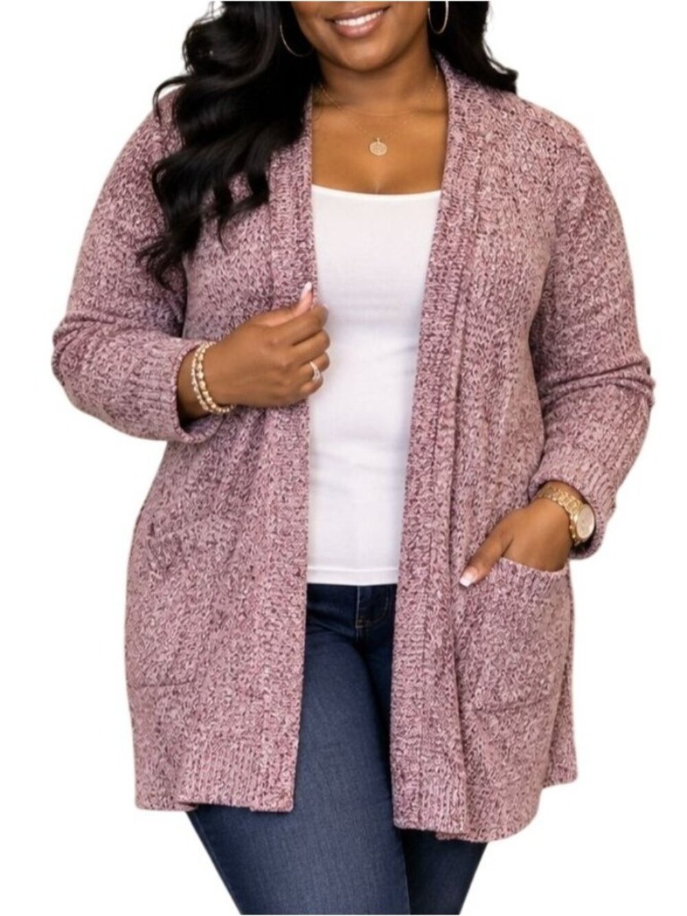 Perfect Cardigan Size Large Cardigan Pink Marled Open-Front Pockets Lightweight